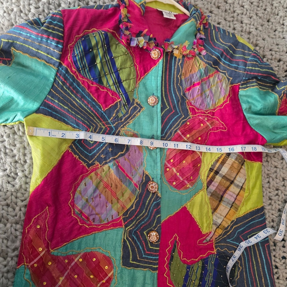 Anage Womens Patchwork Jacket Small Boho Embroidered Colorful Art Silk Festival - Picture 7 of 8